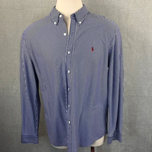 Ralph Lauren Mens XXL Knit Dress Shirt Blue White Striped Long Sleeve - Picture 3 of 6
